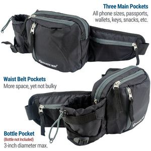 Fanny Pack Waist Bag with Water Bottle Holder for Hiking, Walking, Travel, Biking (Black)